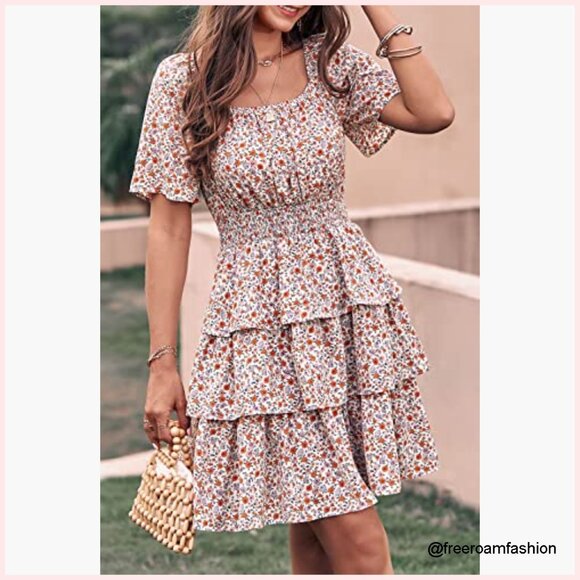 Floral Square Neck Tiered Ruffle Boho Swing Dress Short Sleeve Summer - Picture 4 of 7